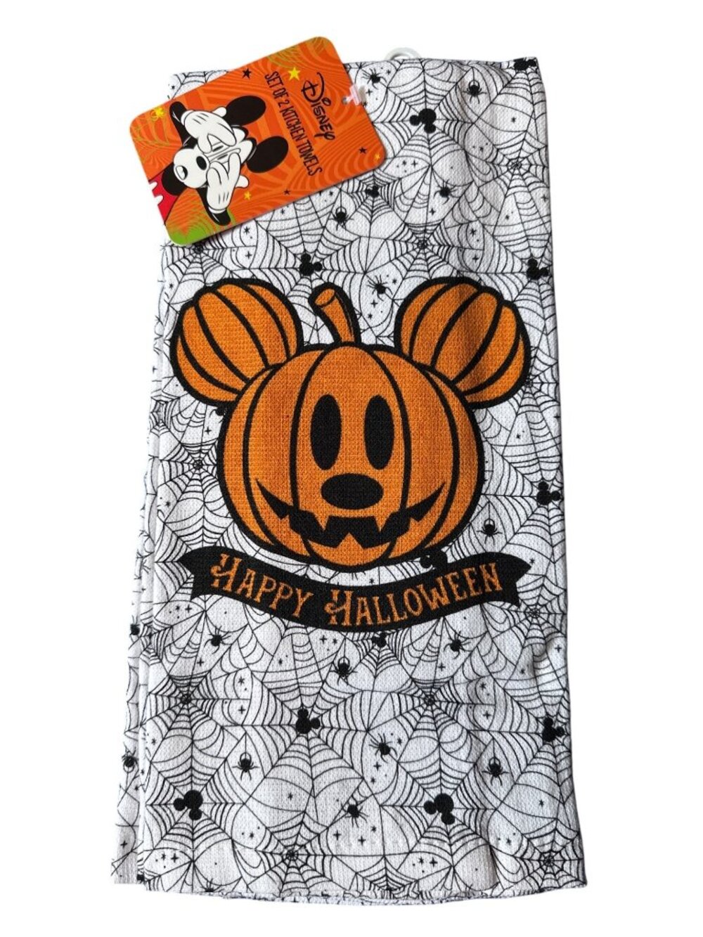 Disney Halloween Kitchen Towels Set Of 2 With Pumpkin Mickey & Spider Webs Desig